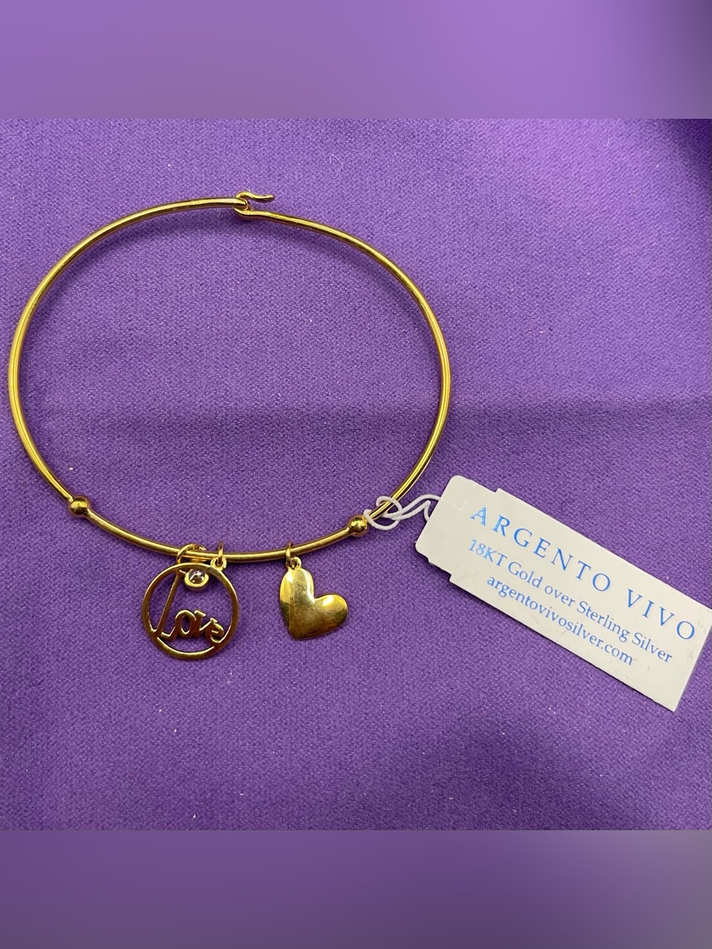 NWT Argento Vivo 18Kgold over SS Love Heart Charm Bangle Bracelet